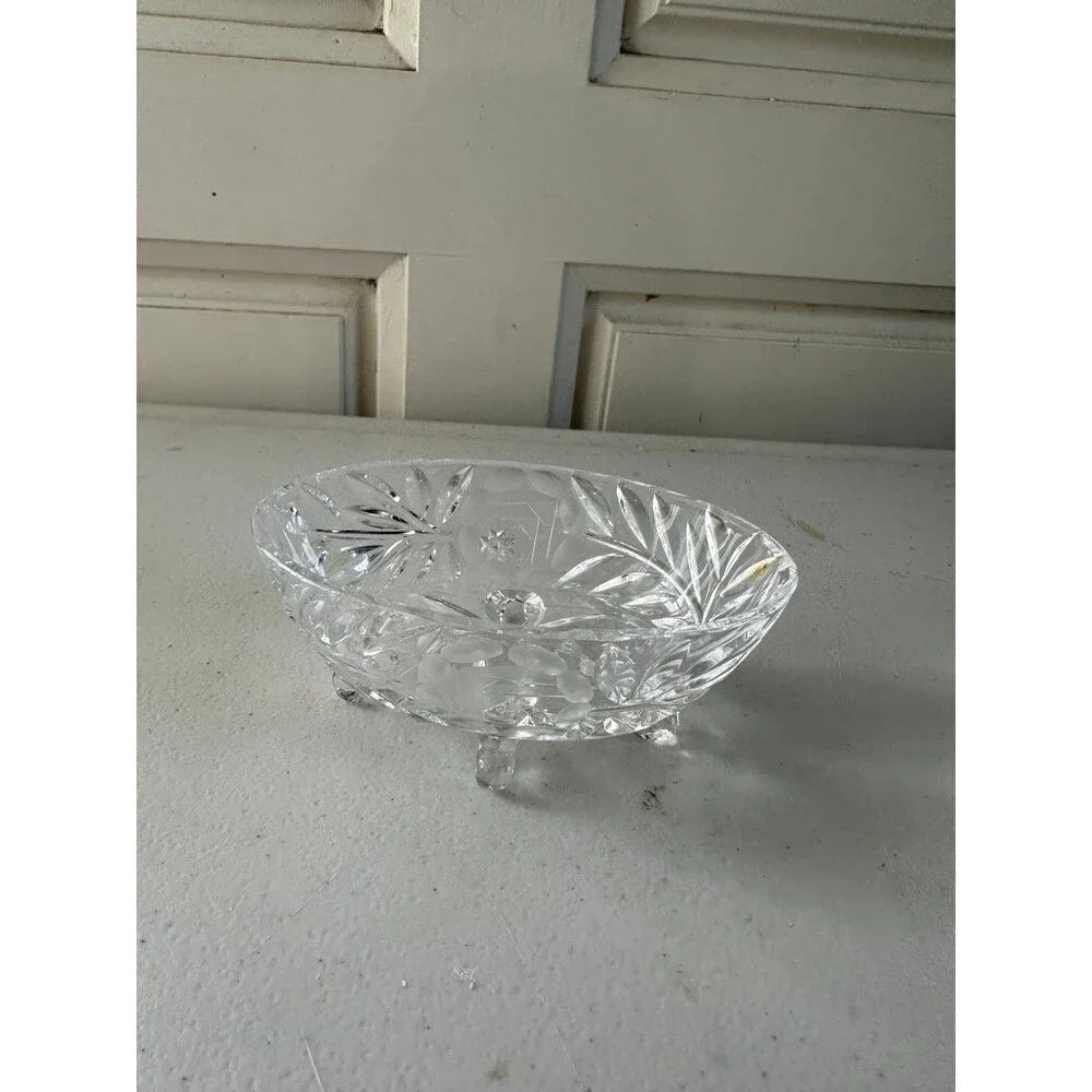 Vintage American Cut Leaf Pattern Footed Hungarian Glass Crystal Trinket Dish